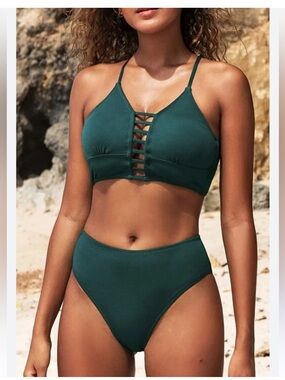 NWT Cupshe Forest Green Strappy High-Waist Bikini Sz M
